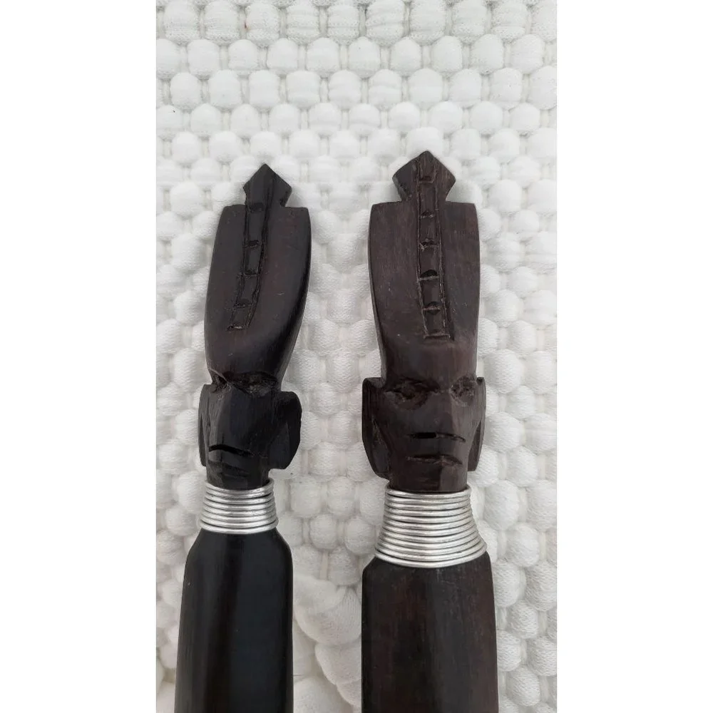 Vintage Handcarved African‎ Wooden Fork & Spoon Tribal Folk Art